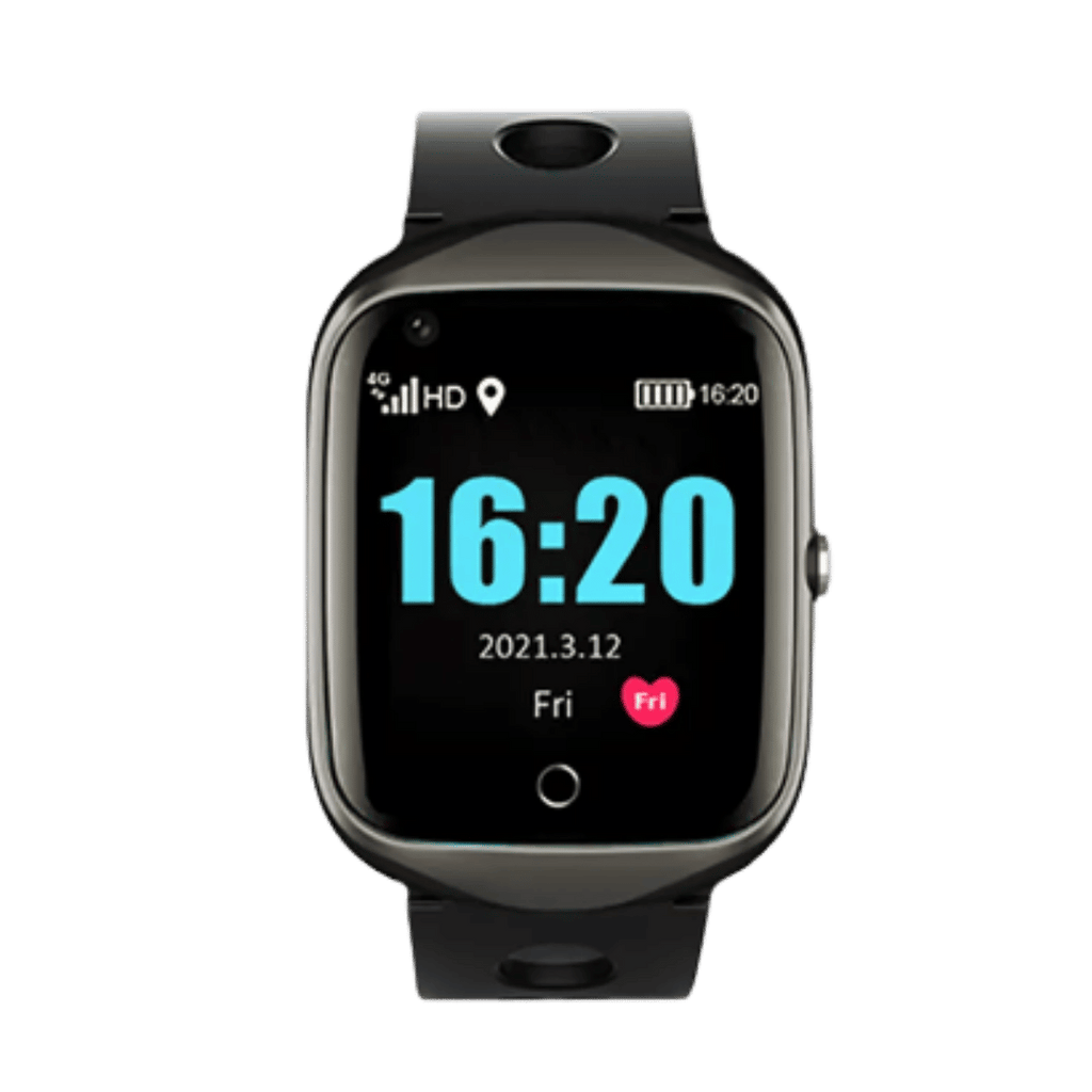 MindMe Watch Pro SOS & GPS personal alarm watch with a digital screen displaying time, date, and battery level. This 4G SOS personal alarm features a fall alarm watch and GPS tracking, offering reliable emergency assistance to help individuals live life safely and with peace of mind.